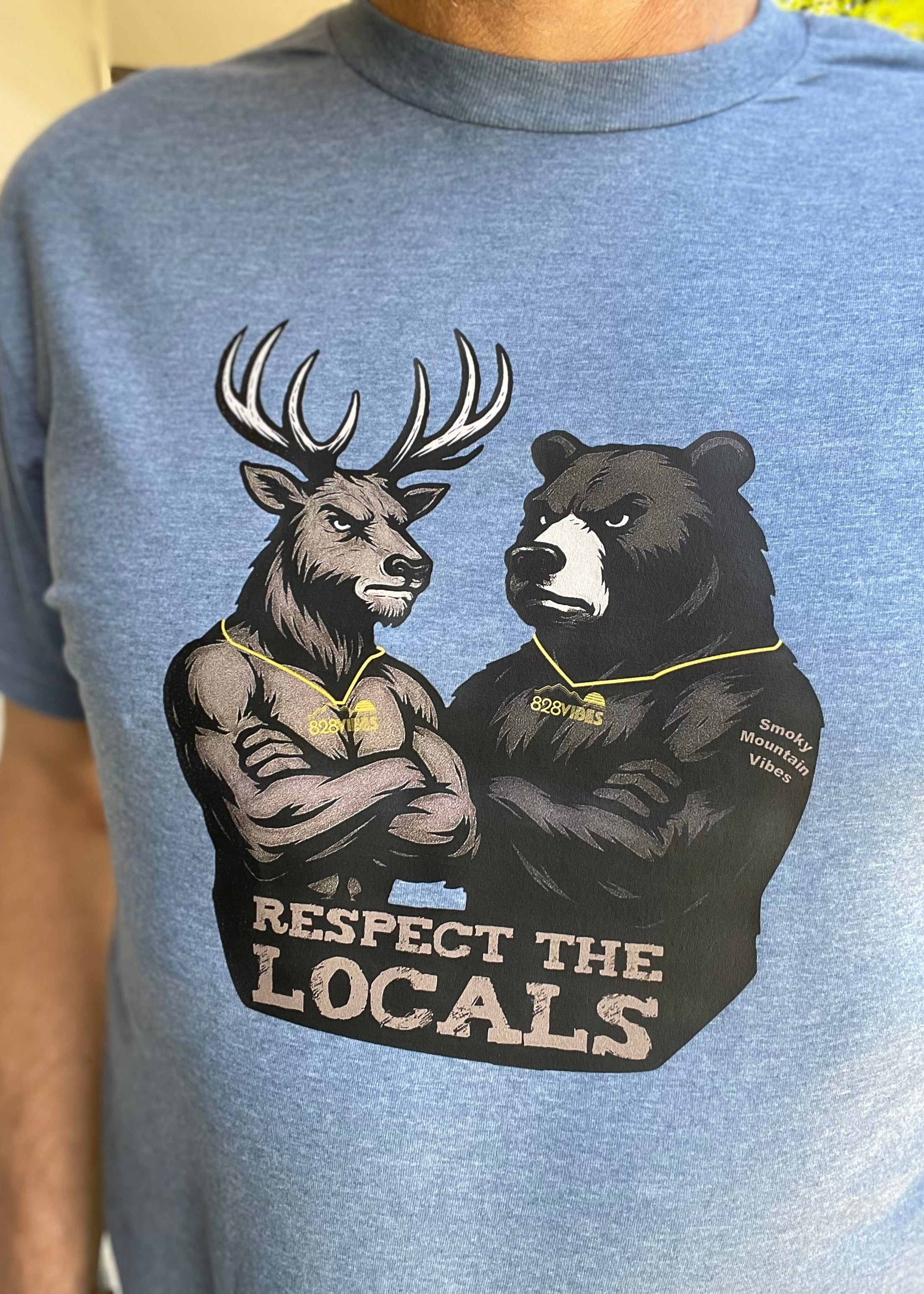 Respect The Locals - Deer and Bear - Heather Blue Short Sleeve