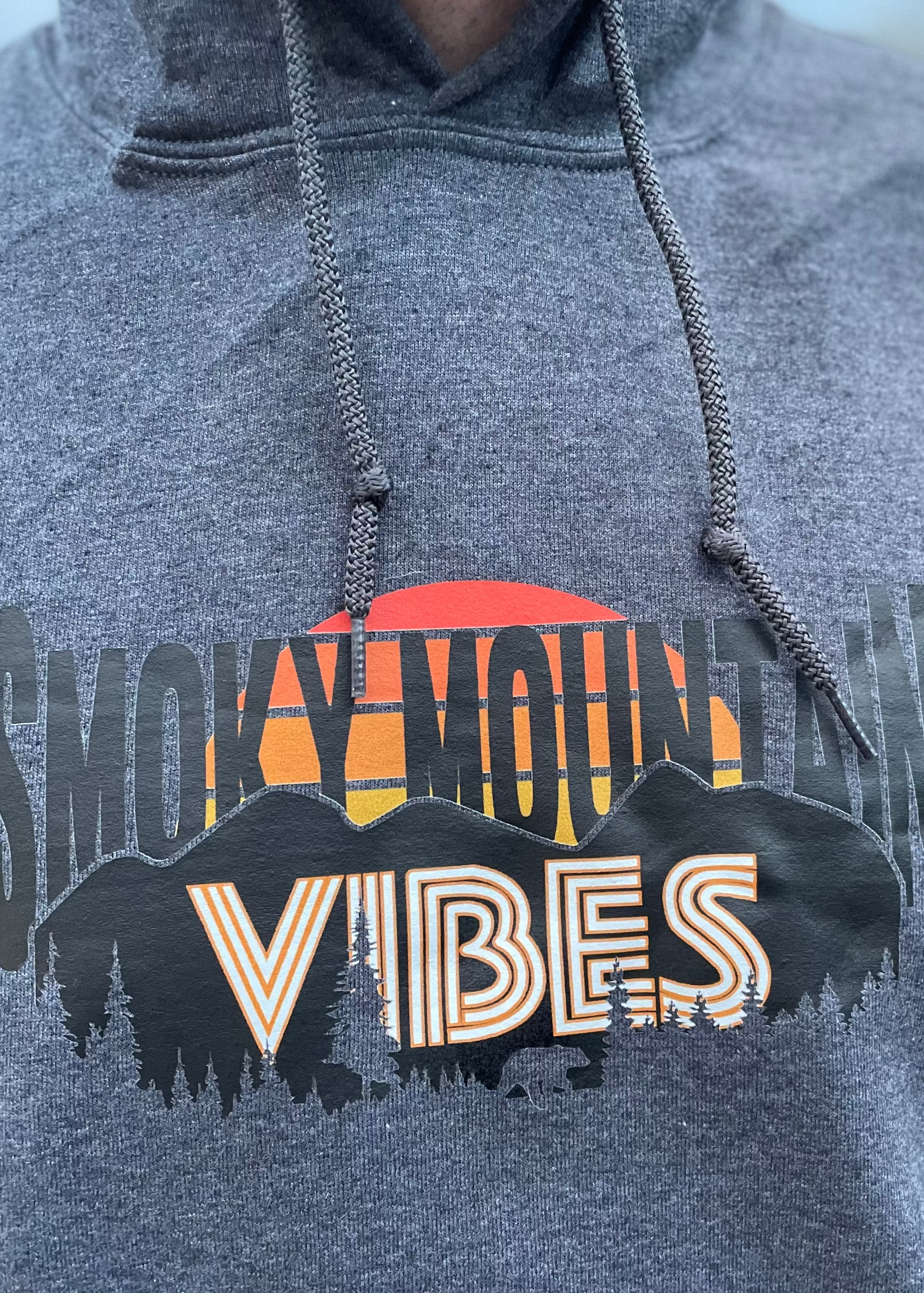 A man wearing a gray hoodie with 'Smoky Mountains Vibes' text and a graphic design on the front, standing outdoors.