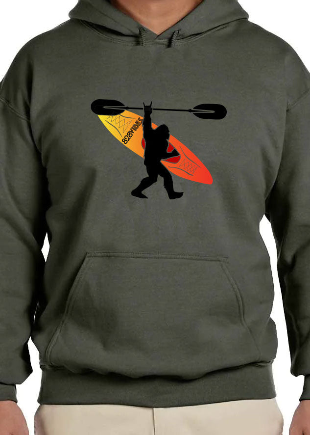 military green hoodie with bigfoot carrying a kayak smoky mountains