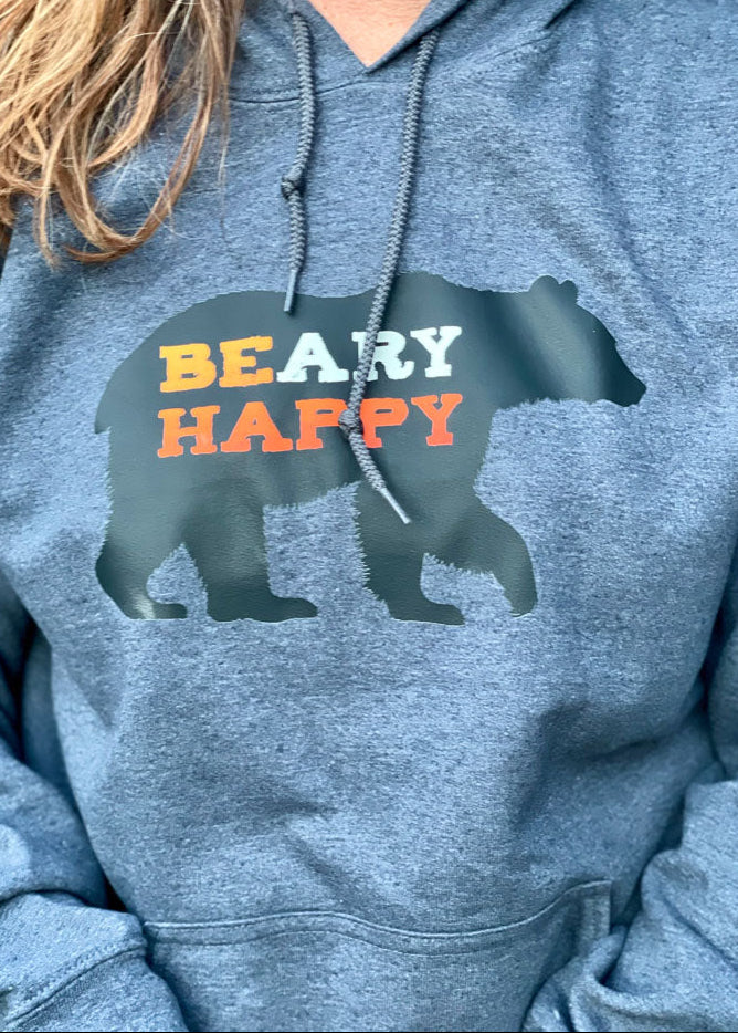 Gray hoodie with bear silhouette and 'BEAR HAPPY' text