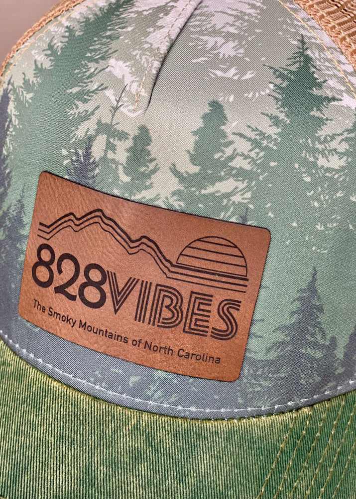 Green cap with '828 Vibes' leather patch featuring Smoky Mountains design.