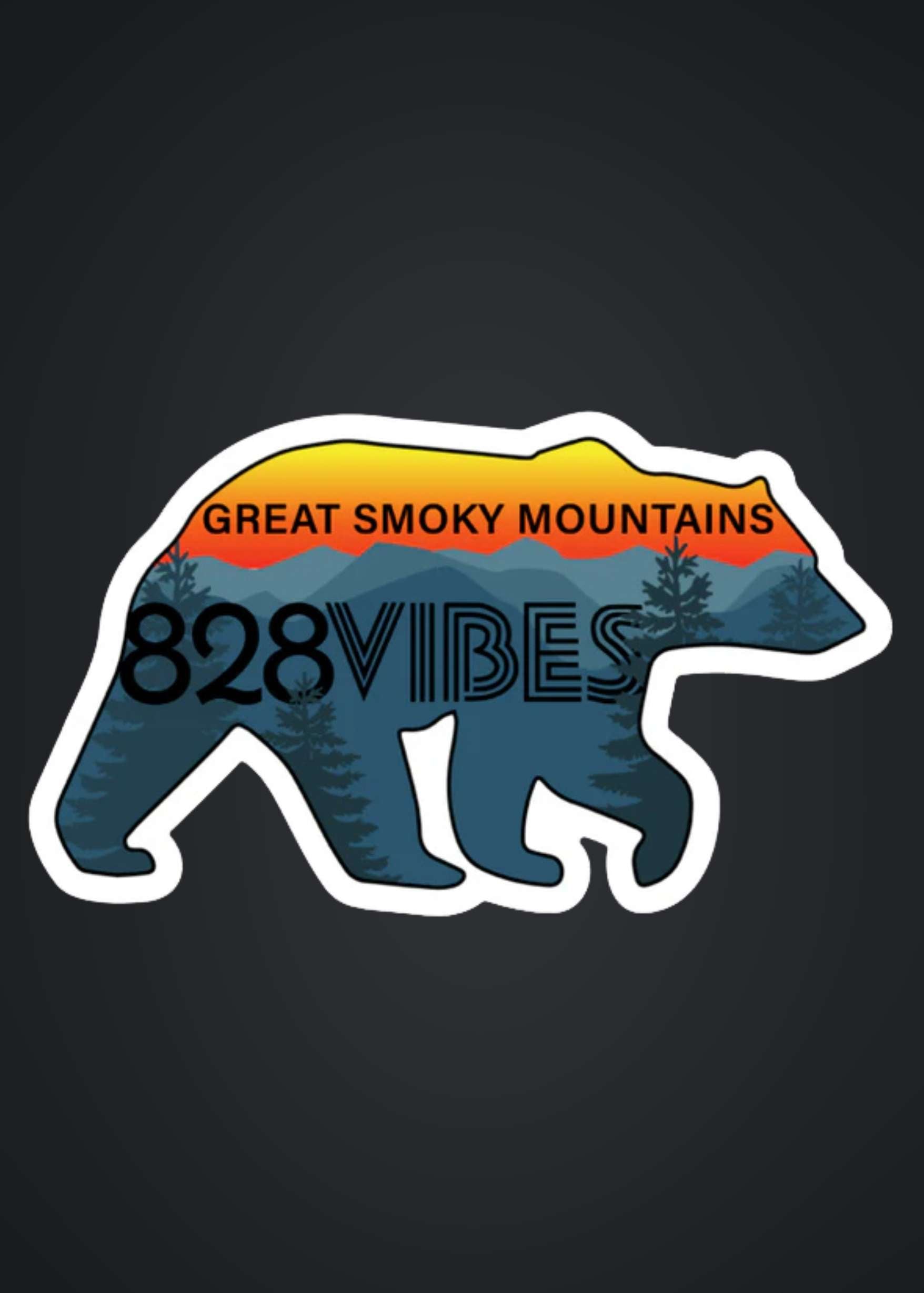 Sticker of a bear with 'Great Smoky Mountains 828 Vibes' text on a dark background