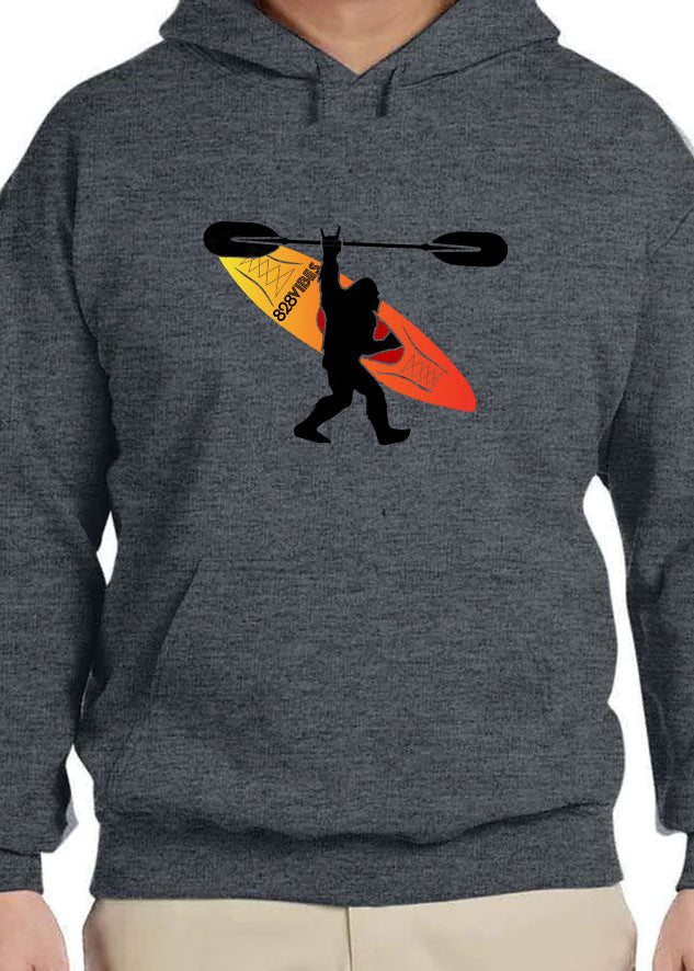 dark heather hoodie with bigfoot carrying a kayak smoky mountains