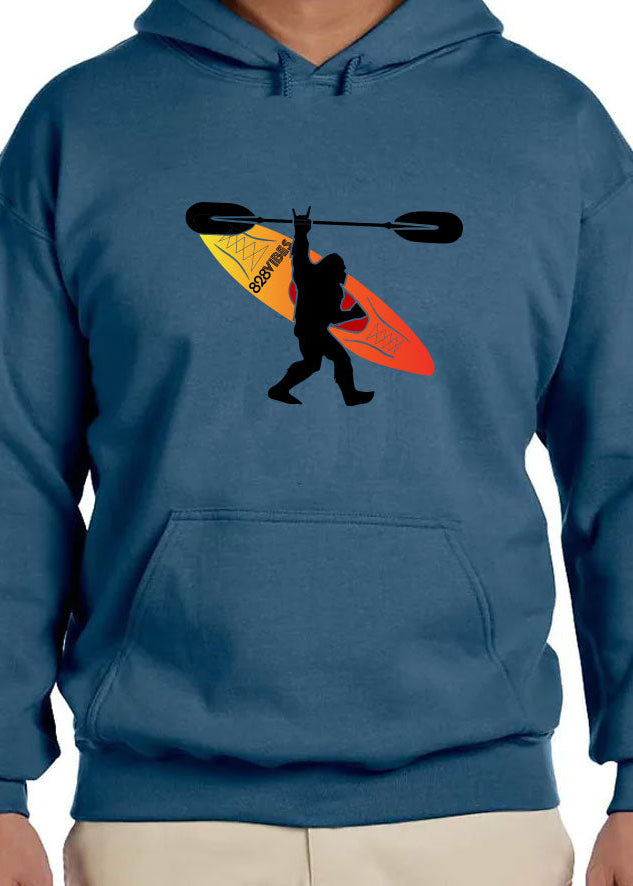 indigo blue hoodie with bigfoot carrying a kayak smoky mountains